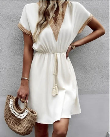 Women's fashionable and elegant dress for spring and summer 2025, latest short sleeved lace V-neck waist length mid length skirt