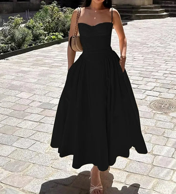 Women's Summer 2025 New Solid Color Fashion Elegant Retro Style Dopamine Belt Long Dress Women's Wear
