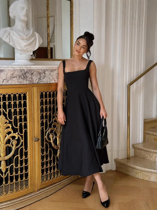 ANSZKTN 2025 Summer New Solid Color Square Neck Sleeveless Strap Long Fashion Women's Dress