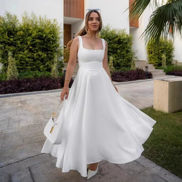 ANSZKTN 2025 Summer New Solid Color Square Neck Sleeveless Strap Long Fashion Women's Dress
