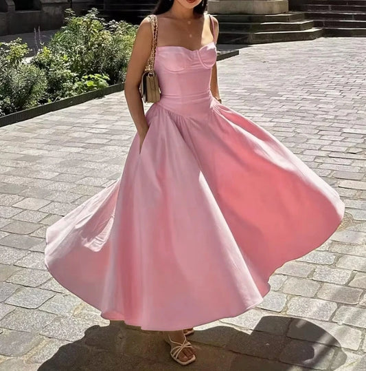 Women's Summer 2025 New Solid Color Fashion Elegant Retro Style Dopamine Belt Long Dress Women's Wear