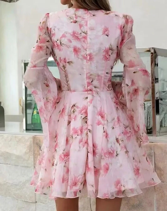 Ladies Mini Skirt 2025 Summer New Tropical Seaside Flower Print Flare Sleeves Fairy Style Dress Vacation Style Long Sleeve Dress