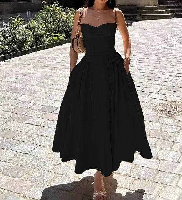 Women's Summer 2025 New Solid Color Fashion Elegant Retro Style Dopamine Belt Long Dress Women's Wear